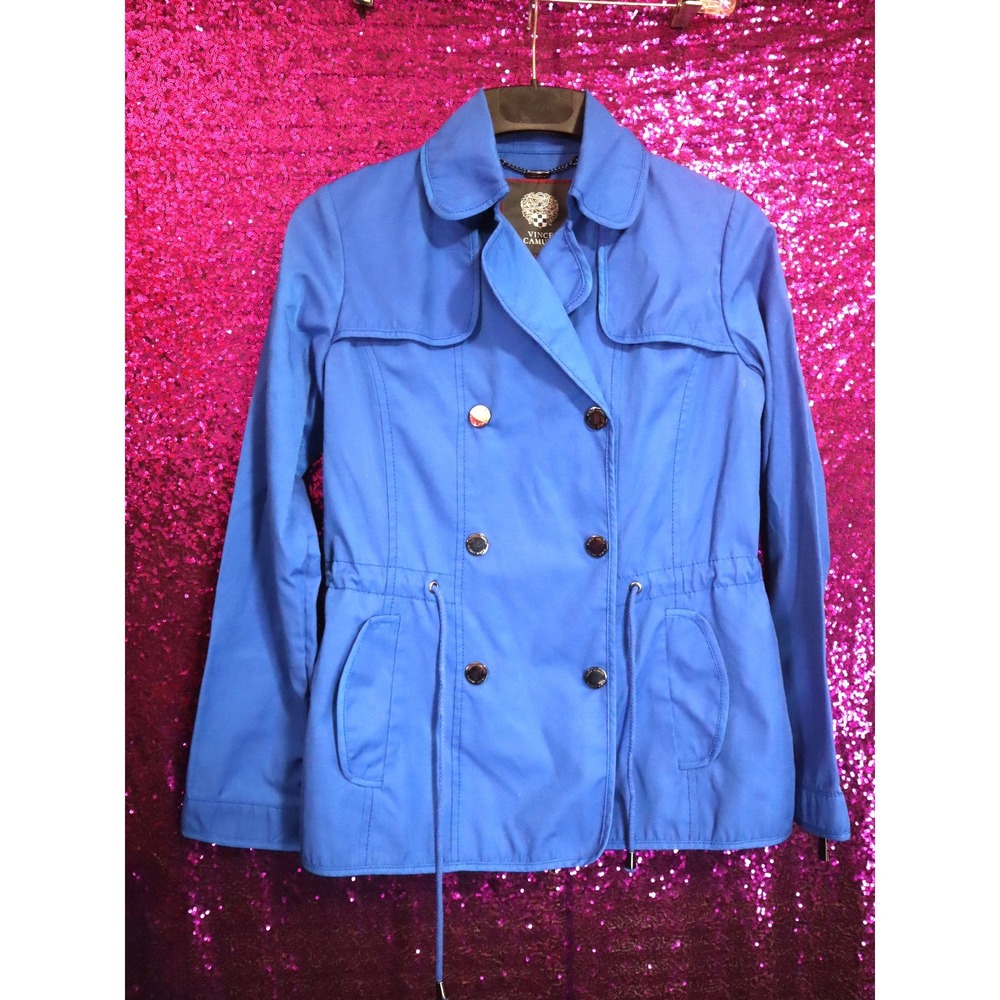 Blue Trench Jacket Small Vince Camuto Womens Double Breasted Drawstring Waist